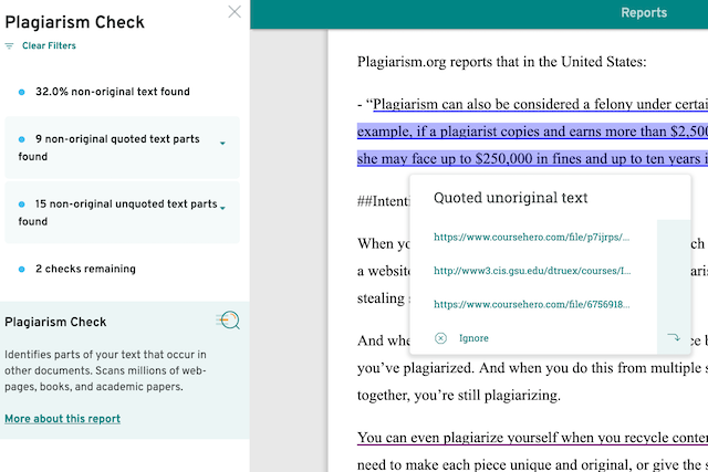 screenshot of prowritingaid plagiarism menu