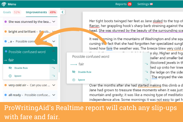 Snippet of ProWritingAid's realtime report