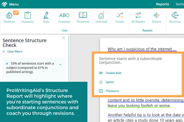 Screenshot of ProWritingAid's structure report