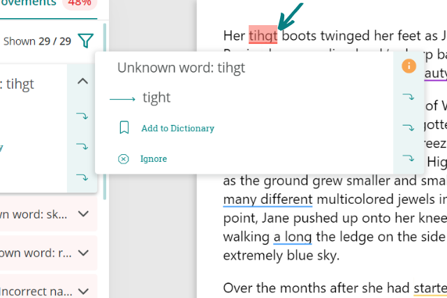 View of ProWritingAid's spellcheck