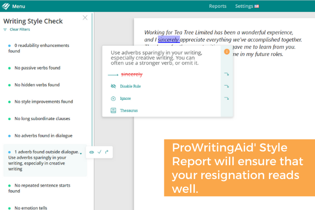 Screenshot of ProWritingAid Style's Report