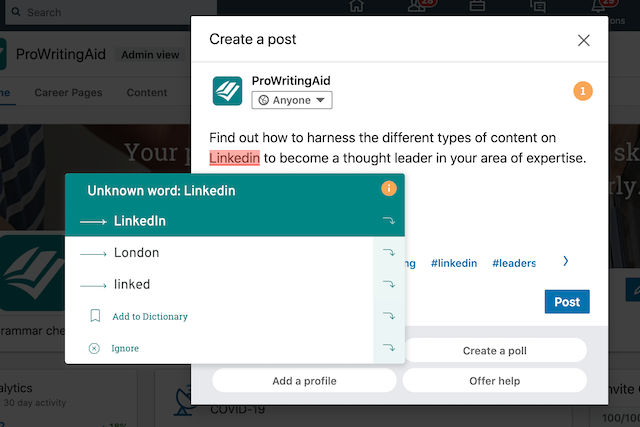 screenshot of the prowritingaid editor in LinkedIn