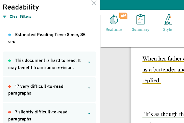 screenshot of prowritingaid's readability sidebar