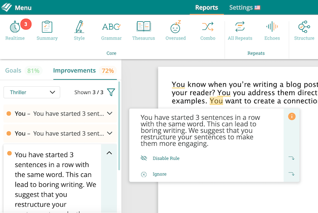 prowritingaid highlights repeated sentence starts in blog post