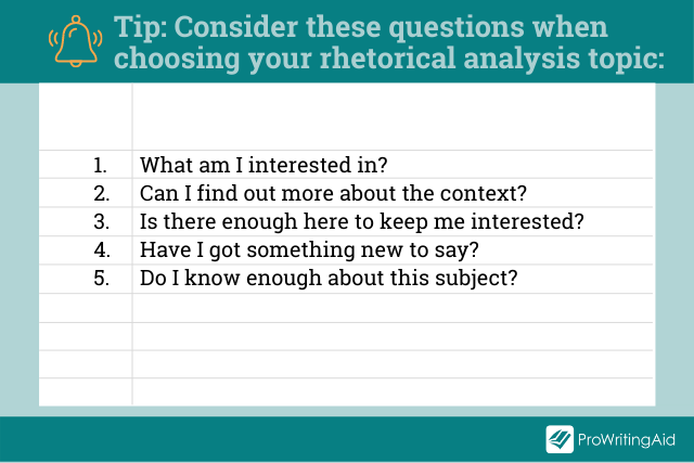Image showing considerations for a rhetorical analysis topic