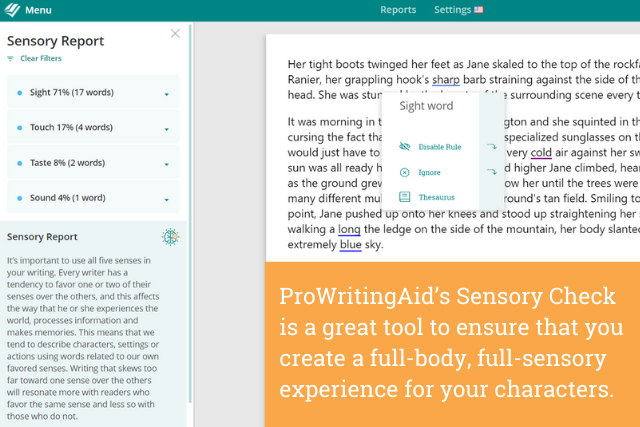 Screenshot of ProWritingAid's Sensory Check