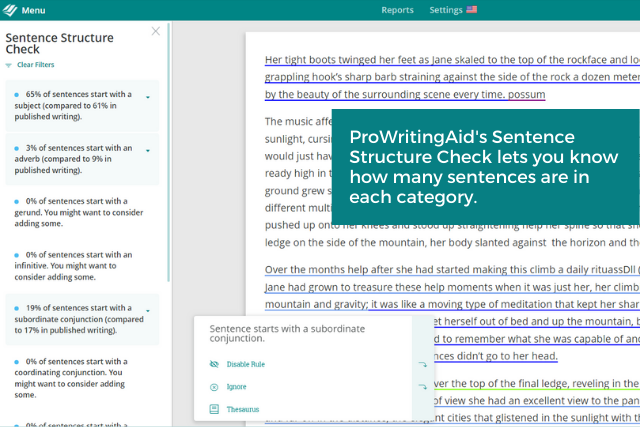 Screenshot of ProWritingAid Sentence structure