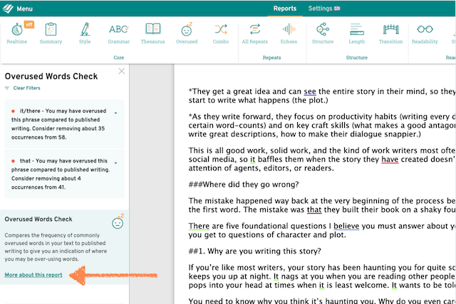 screenshot of the overused report, with an arrow pointing to ‘more about this report’ link