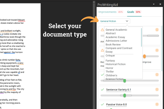 selecting document type in goals