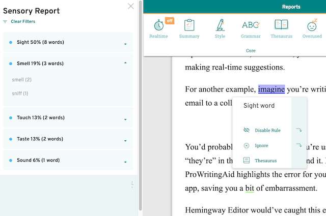 sensory report in ProWritingAid editor