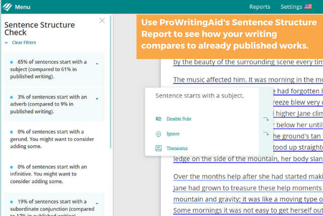 Screenshot of ProWritingAid's sentence structure report
