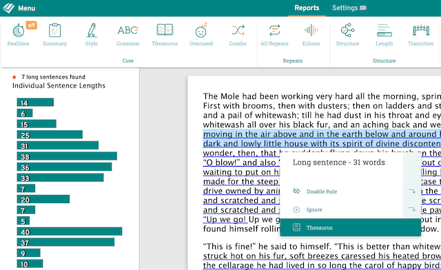 sentence length report in ProWritingAid