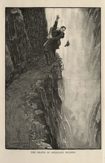 Sherlock Holmes and Moriarty fight at Reichenbach Falls, the first example of retconning.