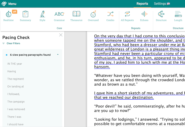 screenshot of the ProWrtitingAid pacing check. One paragraph is highlighted