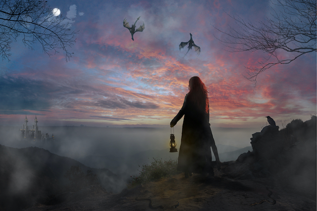 woman stands alone against backdrop of foggy sky, dragons and castle in background