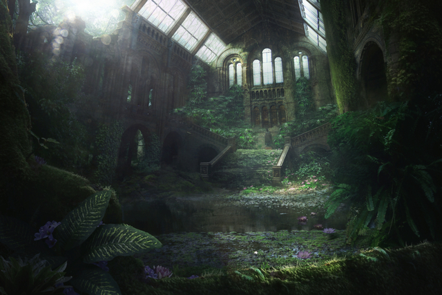 post apocalyptic world, vast room overgrown with green plants