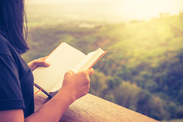 woman holding a book, looking over a view of a forest from above