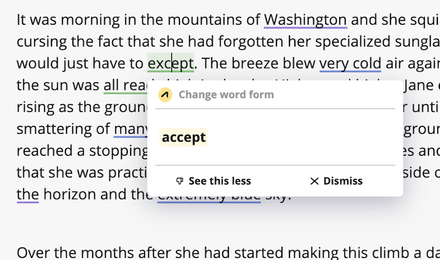 sample suggestion in outwrite showing correction of except to accept