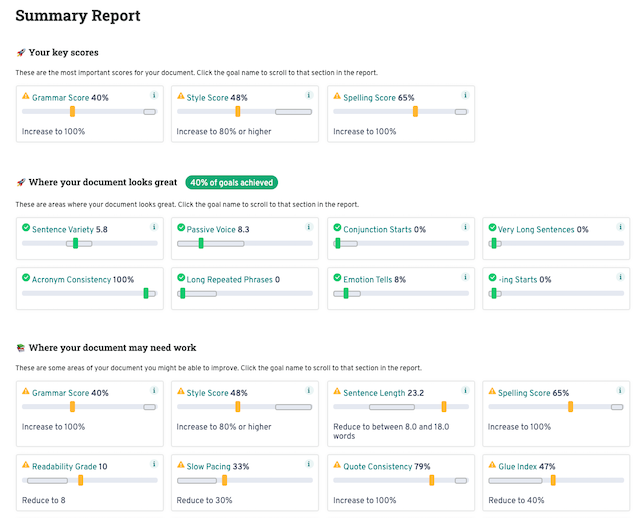 goals in prowritingaid's summary report