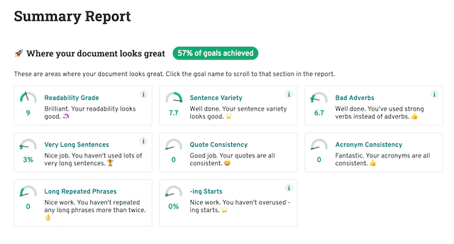 screenshot of prowritingaid summary report, showing goals achieved