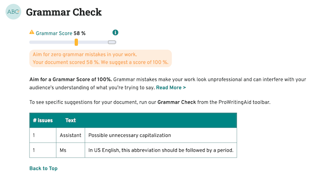 grammar section of the summary report