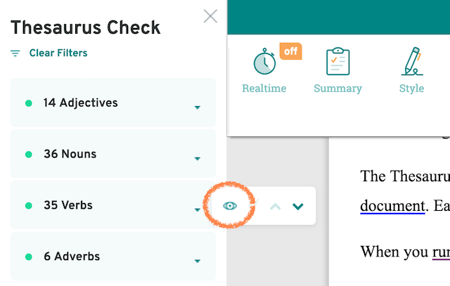 screenshot of prowritingaid thesaurus navigation, with eye symbol circled