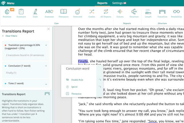 prowritingaid software highlighting all transition words at the start of sentences in a piece of text