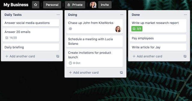 example of a trello board with three lists