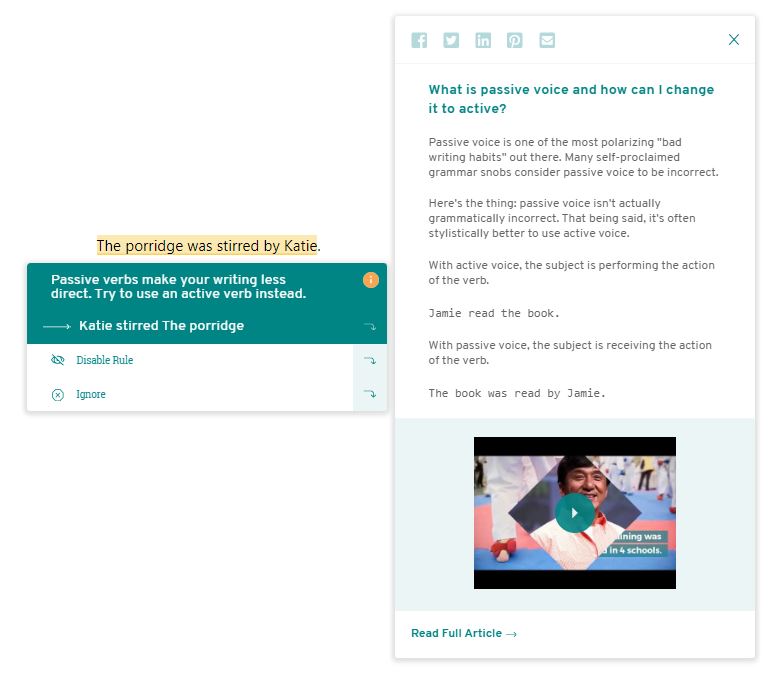 The ProWritingAid Pop-Up Showing an Educational Video about Passive Voice